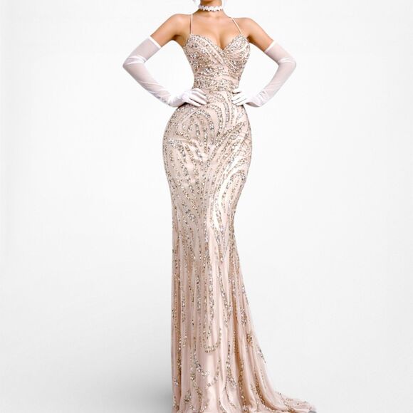 American Vintage Dresses & Skirts - Vintage Y2K Beige Nude Beaded Fit Flared Maxi Formal Prom Dress Size S/M